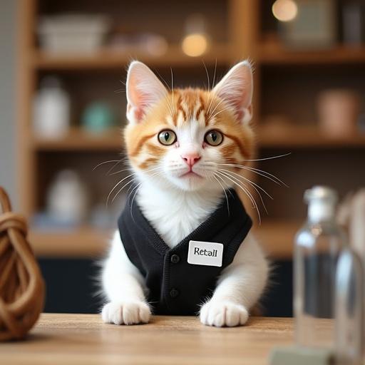 Kitten in a retail vest stands at a counter. Merchandise is displayed nearby. The kitten appears cute and professional behind the counter.
