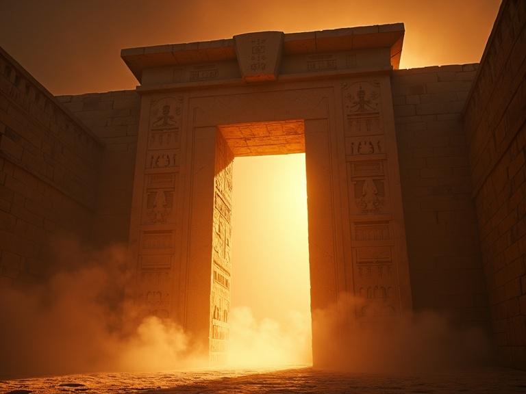 Generate an image of a giant stone temple gate slowly opening. Emphasize its scale and sacred design with atmospheric tension. Include carved hieroglyphs and smoke haze. The lighting should be backlit by torchlight, creating a mystical atmosphere. Capture the grandeur with a slight low angle.