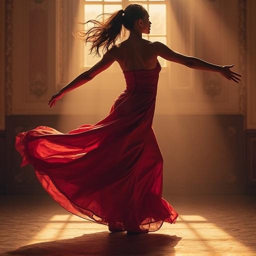 Woman dancing in a red dress with graceful movement and dramatic lighting
