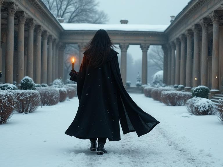 A tall fitted man with long dark hair wears a black coat with a cape. He walks with a candle in his right hand through a snow-covered classical garden. The setting is empty with no people visible. Snow falls gently and it is windy.
