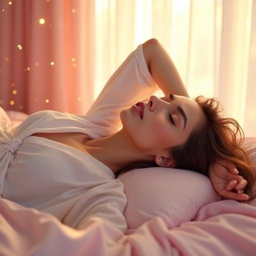 A stunningly beautiful woman lies in bed stretching gracefully. She wears a loose white off-shoulder robe. Glowing skin is revealed as the robe slips off one shoulder. Long tousled hair fans over pastel sheets. Her eyes are half-closed with a faint smile. Morning light floods the room through sheer curtains. The color palette features soft pink, lavender, cream, and pale rose. Magical sparkles float in the atmosphere. Hyper-realistic pastel fantasy style with cinematic soft focus. Angled side view emphasizes her face and upper body during the stretch.