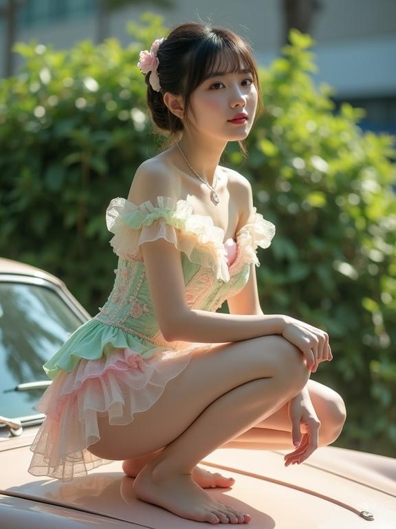 Full body shot of a lady in a pastel-colored, frilly outfit. She is squatting on a car roof at a mall car exhibition. The outfit has a corset top with lace and frills in pink, cream, and mint green. She has a serene expression, and her hair is tied. Pale pink stockings and garter belts are part of her attire. The setting has greenery and soft lighting.