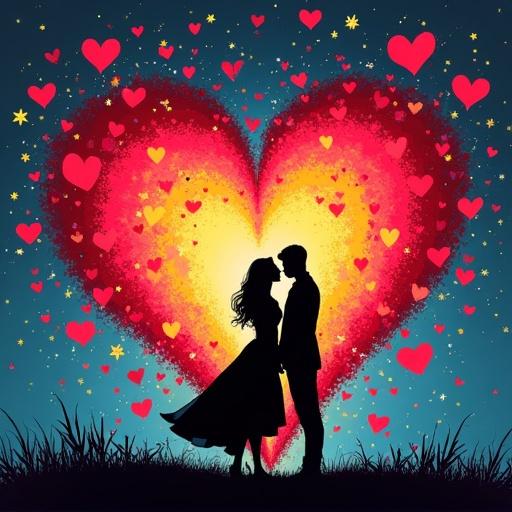 Dynamic pop-art explosion of hearts and stars surrounding a silhouetted couple
