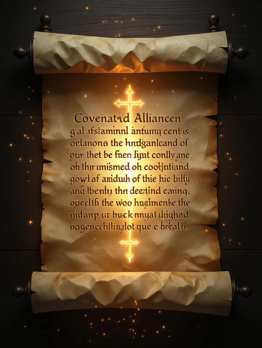 An ancient scroll unfurling with glowing symbols of a covenant. Ethereal light surrounds the scroll. Represents the sacred alliance between God and Abraham.