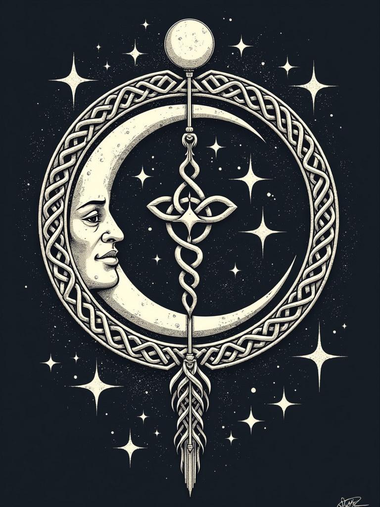 Celtic moon symbol with intricate knot work. The design features a full moon and stars against a dark background. The image has a mystical theme.