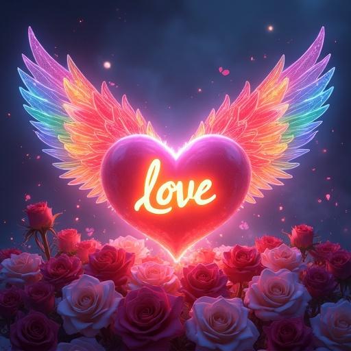 A glowing heart with the word 'LOVE' surrounded by rainbow wings. An arrangement of roses encircles the heart. Corazones and swirling smoke create a magical vibe. Ethereal lighting enhances the ambiance.
