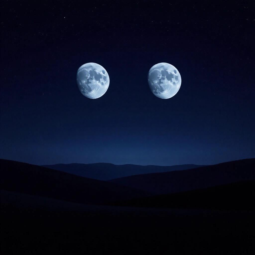 Photorealistic night sky with two full moons above a dark Earth landscape. One moon is slightly larger. Moons glow softly with stars in background. Atmospheric and mysterious tone with cinematic lighting.