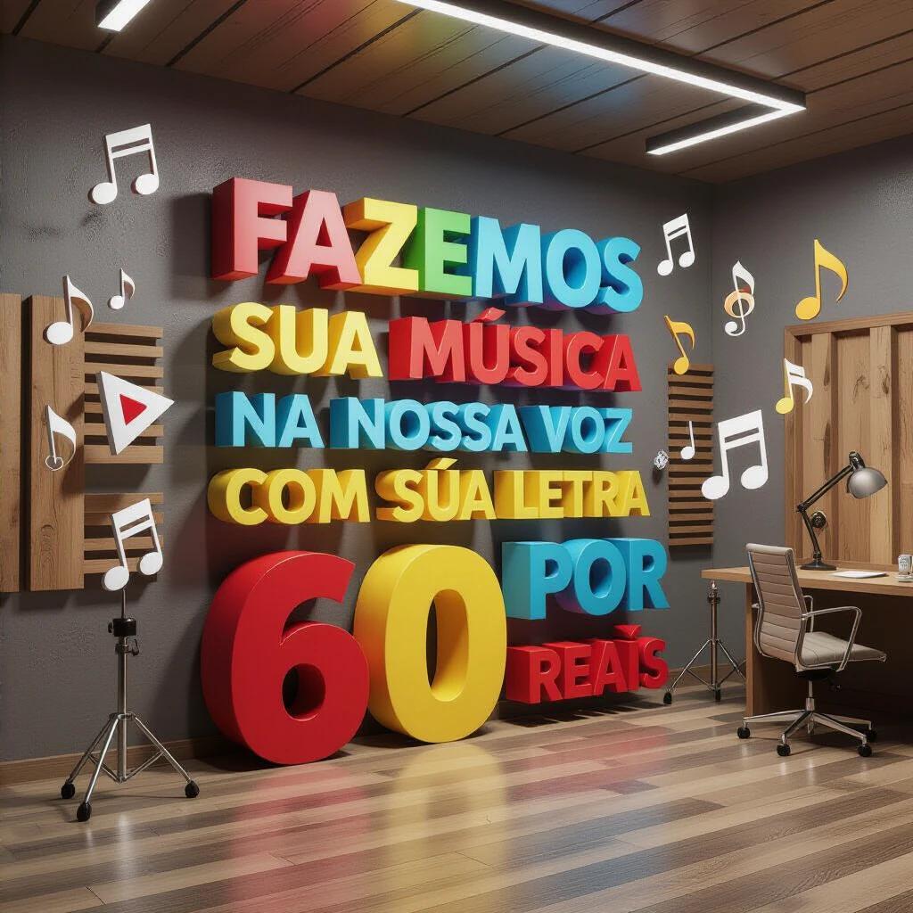 Modern and vibrant 3D art displays colorful fun 3D text. The displayed quote is 'FAZEMOS SUA MÚSICA NA NOSSA VOZ COM A SUA LETRA POR 60 REAIS'. The background is a recording studio wall with acoustic panels. 3D icons of headphones, music notes and a play symbol float around the quote. Playful style high quality Blender render.