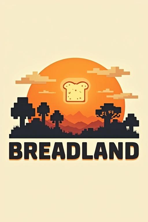 Logo designed for Minecraft server named Breadland. Features orange sunset with pixel trees and grass. Center includes a bread pixel icon. Text includes Team server og lagring. Modern towny style.