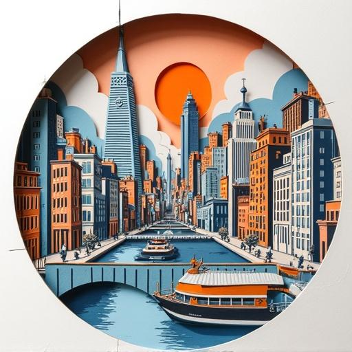 Magazine-style cutouts display cityscapes with character outlines arranged in a spiral. The artwork features a vibrant urban setting.