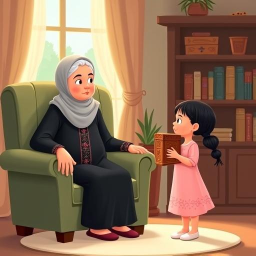Cozy indoor scene in a grandmother's room. Grandmother sits in an olive green armchair with sunlight coming through a window. Small potted plant on the windowsill. Round off-white rug on the floor. Grandmother is elderly, wears a light grey headscarf and black dress with floral patterns. Young girl stands excitedly holding a wooden box. Box has carved patterns. Girl wears a pink dress with polka dots. Cheerful warm atmosphere. Blank space at the top for the title.