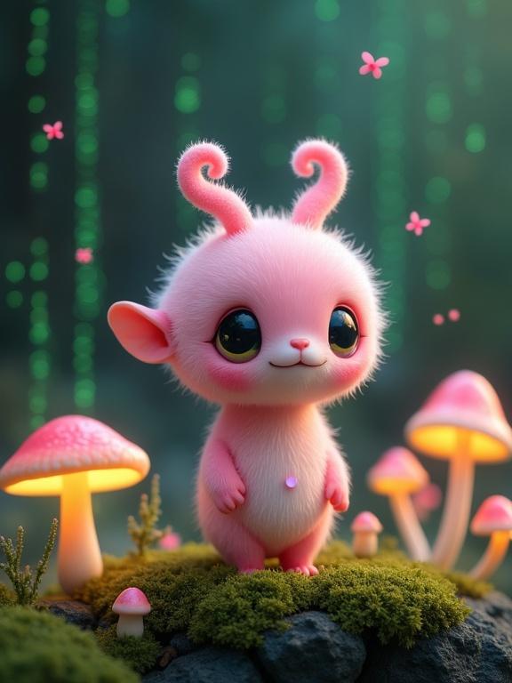 Image features a fantastical pink creature in a glowing mushroom forest. The creature has large, expressive eyes and delicate pink appendages. It stands on green moss among various mushrooms. The background includes digital code and dreamlike flowers, all set in a magical atmosphere.
