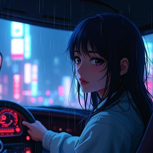 Futuristic woman in a cockpit driving a neon-lit car during a rainy night in Tokyo. Hair is blown by wind, city lights reflecting on glass, detailed cockpit elements visible. The atmosphere feels exciting and vibrant, with elements like shadows from neon signs on her face, creating a high-contrast look.