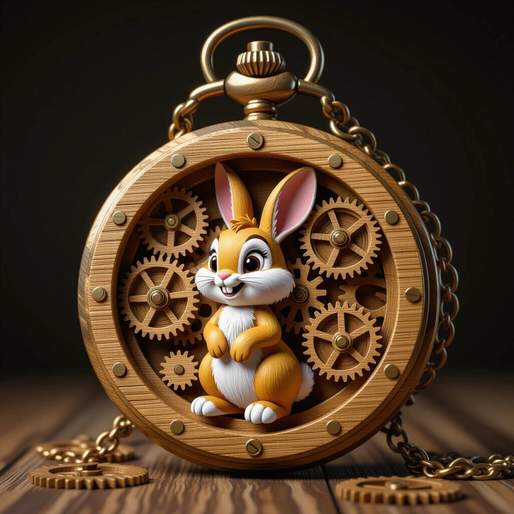 Wooden pocket watch filled with gears. Cute Disney rabbit character designed in 3D. High resolution artwork showing intricate details.