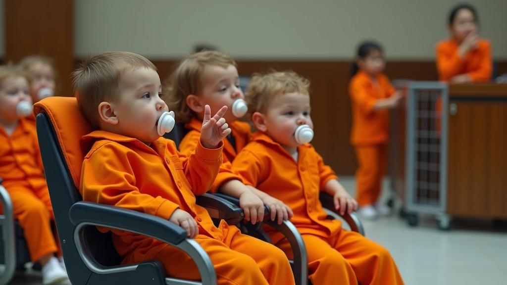 Scene in a courtroom with children in orange jail jumpsuits sitting in futuristic strollers. Each child has a large pacifier in mouth and gestures towards it proudly. Mothers are caged in background, observing. Emphasis on contrasting emotions and peculiar scenario.