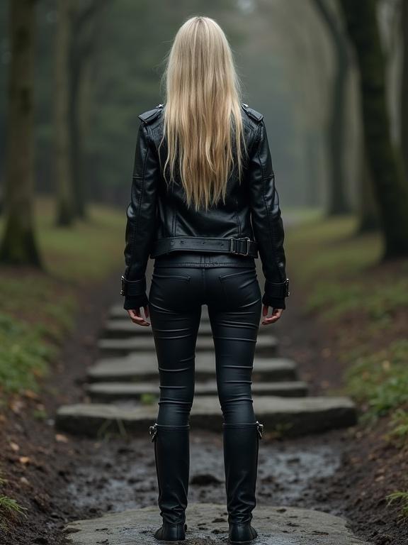 Woman stands on stone steps wearing a black leather biker jacket black leather pants tall black leather boots. She faces away from the camera. The setting is a damp wooded area with dark trees. Natural diffused lighting creates a cool moody feel. Composition is straightforward focusing on her figure and environment. Light complexion and slim build reflect a casual edgy style.
