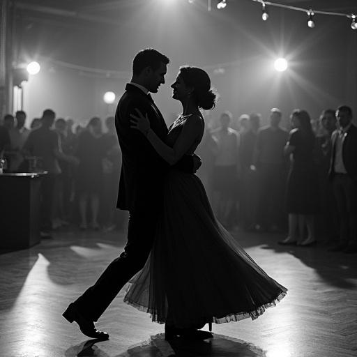 Couple dancing tango in a romantic atmosphere with spectators in the background.