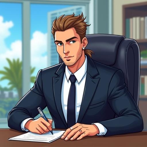 A handsome young businessman sits at a modern office desk. He is signing documents with a serious expression. The office has a futuristic feel with bright summer light coming through a large window. He wears a suit, a tie, and an expensive wedding ring. The scene portrays a young, democratic genius mayor of Miami engaged in executive duties.