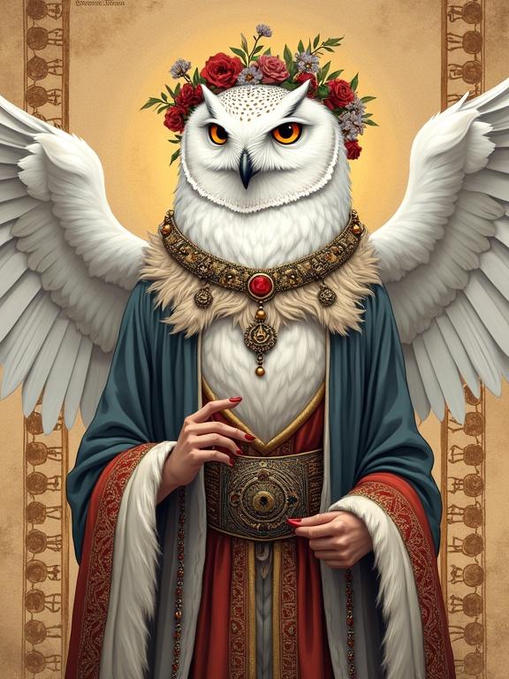 Anime-style digital illustration of a majestic white owl in full-body portrait. The owl wears traditional Slavic folk robes with layered patterns, bead necklaces, and fur trims. A wreath of wildflowers crowns the head. Wings spread out as sleeves of the ornate garment. Sharp intelligent eyes and soft feathers create a mystical atmosphere. Background features old papyrus adorned with mystic runes. Emphasis on cinematic depth and soft warm lighting with detailed textures.