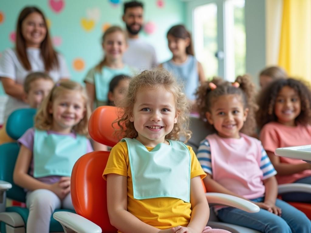 The image features a group of children sitting in a dental clinic, smiling happily. In the foreground is a young girl wearing a yellow shirt and a dental bib, radiating joy. The background includes other children and adults, indicating a friendly and welcoming atmosphere. The decor is colorful and inviting, designed for a pediatric environment. This scene emphasizes the positive experience of visiting the dentist for children, showing them engaged and relaxed.