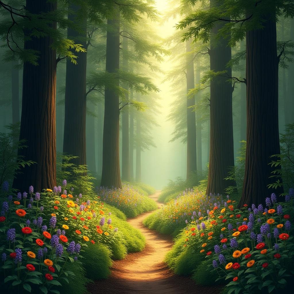 A serene forest scene is depicted with tall trees reaching into the sky. Soft light filters through the canopy. A winding path covered with lush greenery is visible. Vibrant flowers bloom along the sides. The atmosphere is peaceful, inviting viewers to imagine walking through the landscape. It evokes a sense of tranquility and connection to nature.