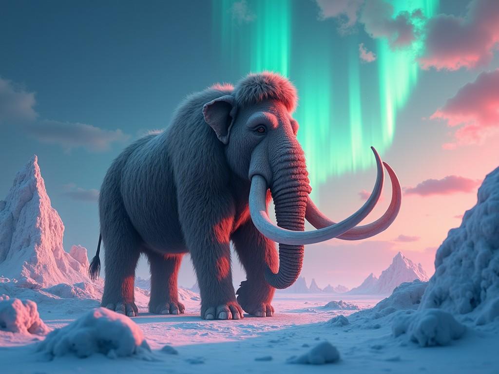 A woolly mammoth standing in an icy landscape under the northern lights, digital art