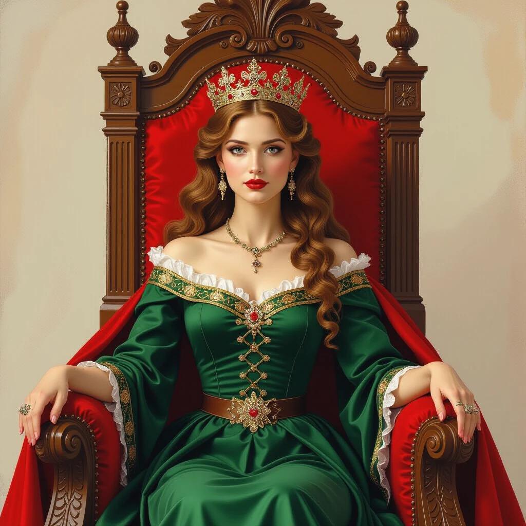 A depiction of a queen seated on a throne. She has long, flowing hair and wears an elegant green dress with intricate details. A golden crown rests on her lap, and red fabrics adorn her throne. The painting has a rich texture.