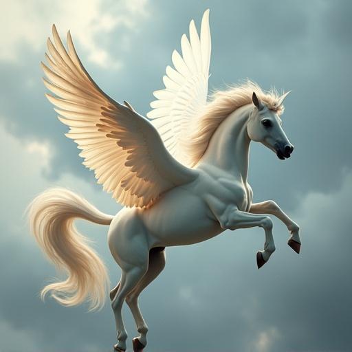 Top down view of a flying pegasus with large wings. Ethereal clouds in the background. Soft lighting and a magical atmosphere.