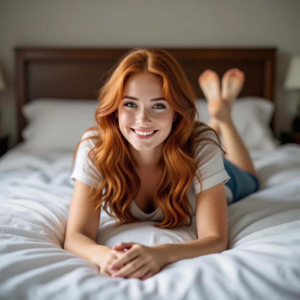 A young woman with long red hair lies on a bed. She is wearing a casual outfit. The setting has soft, warm colors. The image captures her relaxed demeanor. The bed linens are neatly arranged. The atmosphere feels cozy and inviting.
