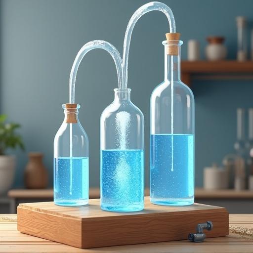 A detailed illustration of a science experiment with three interconnected glass bottles. Bottle A is at the top with water and a small outlet. Bottle B is in the middle, partially filled, showing a fountain effect. Bottle C is at the bottom, holding water and connected to B with a tube. Include a small reservoir labeled D above Bottle B connected with a vertical pipe. Soft lighting in a neutral laboratory background with basic lab equipment visible.