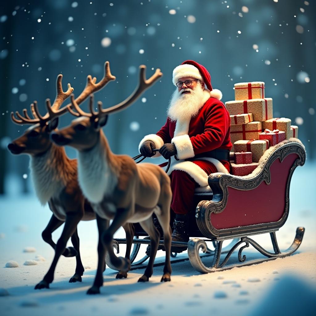 Santa seated on a sleigh with reindeer. Snowing background. Sleigh moving towards the camera. One empty seat behind Santa. Heaps of gifts near Santa. Lighting similar to a living room brightness. Vividly colored picture.