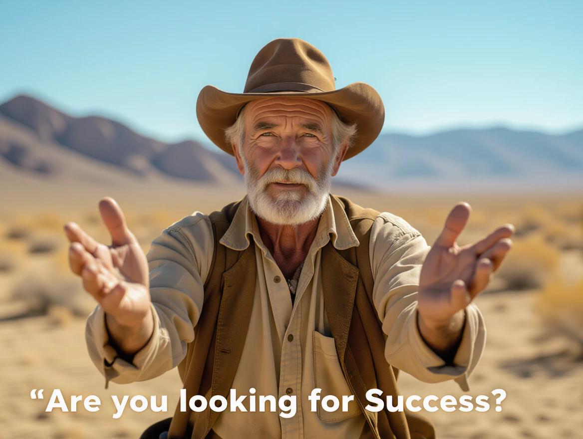 Photorealistic depiction of an old prospector. Man appears dusty and haggard. He has deep creases on his face from the sun. Arms slightly raised and hands outstretched. Shoulders hunched as he asks a question.