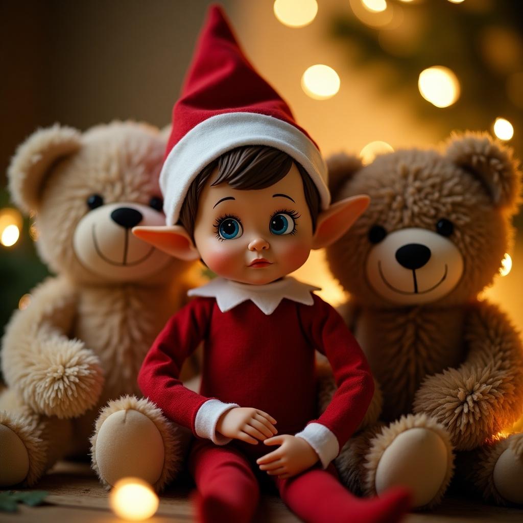 A sad elf doll with big eyes and a Christmas hat is surrounded by teddy bears. The background features twinkling Christmas lights. The image has a soft focus with a warm atmosphere.