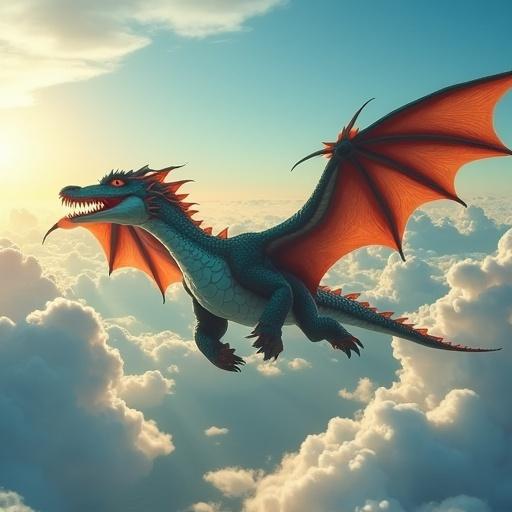 A dragon soaring majestically through the clouds. The scene captures the dragon's vibrant colors and powerful wings. Bright sky and fluffy clouds create a fantasy atmosphere.