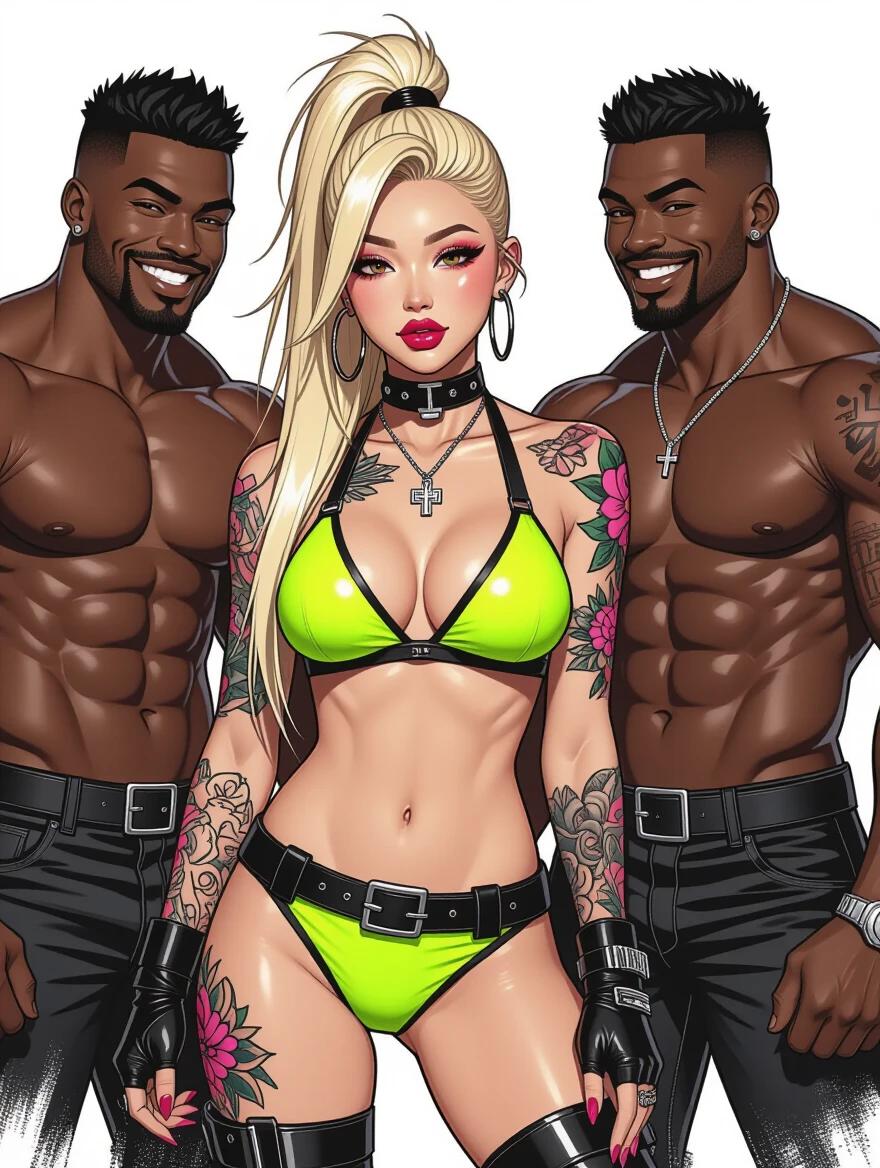 A cyberpunk model stands in a bright bikini. She has a high blonde ponytail with bold makeup and tattoos. The model looks daring as she bites her lip. She has puffy lips and appears to be blushing. Two muscular black men are beside her, smiling slyly and looking at her. The style is reminiscent of black and white comics.