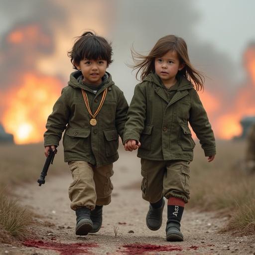 Two children walk through a war zone. A boy has a leg injury. A girl supports him while also injured. Explosions occur in the background. Blood stains on the ground. They wear bravery medals.