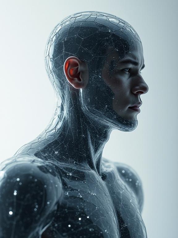 A transparent textured male figure is shown from the side. The body reflects light with intricate patterns resembling a digital design. The overall feel is modern and futuristic, showcasing advanced technology.