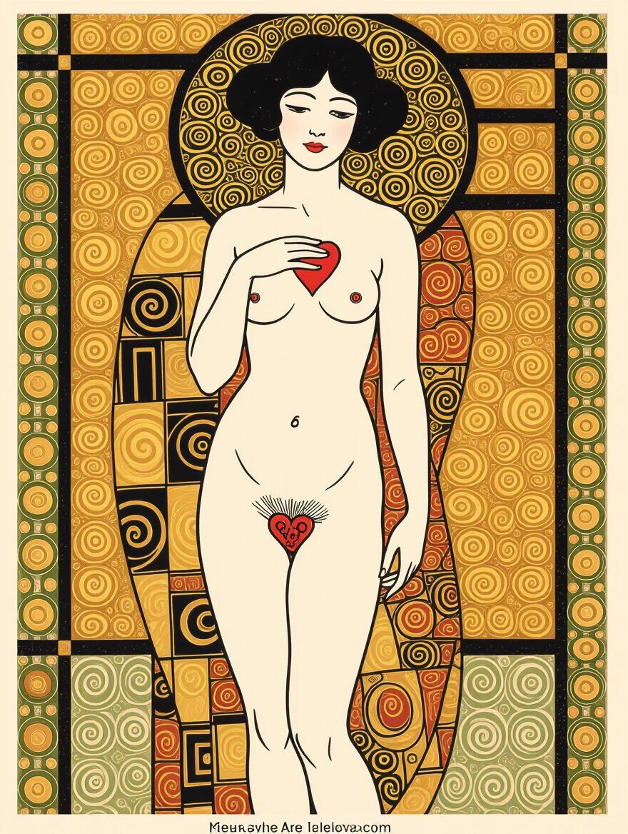 Artistic representation of a nude woman with a heart covering. Bold patterns in the background. Use of complementary colors. Emphasis on beauty and form.