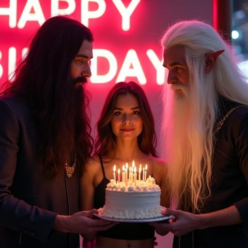 A short woman with long ash brown hair stands between two men. One man with extremely long black hair is clean-shaven. Another man with extremely long white hair and elven ears is also clean-shaven. They are holding a cake with candles. An illuminated sign in the background says Happy Birthday.