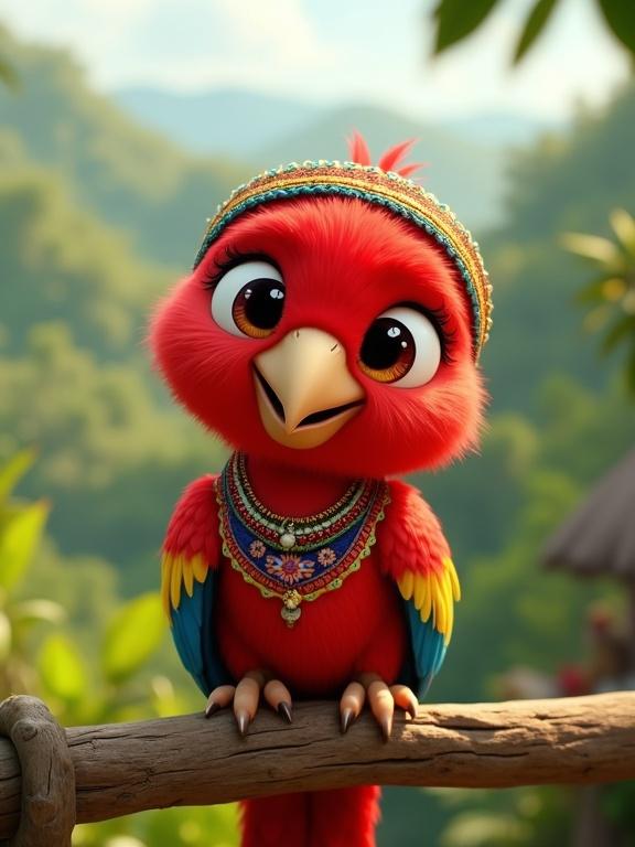 Cute baby scarlet macaw in 3D style. Fluffy red feathers and big shiny eyes. Small curved beak and tiny wings in yellow and blue. Smiling sweetly on rustic wooden fence. Lush tropical forest setting in Honduras. Wears traditional Lenca headband. Tiny embroidered blouse inspired by indigenous clothing. Green hills and tropical plants background. Soft lighting and festive colors.