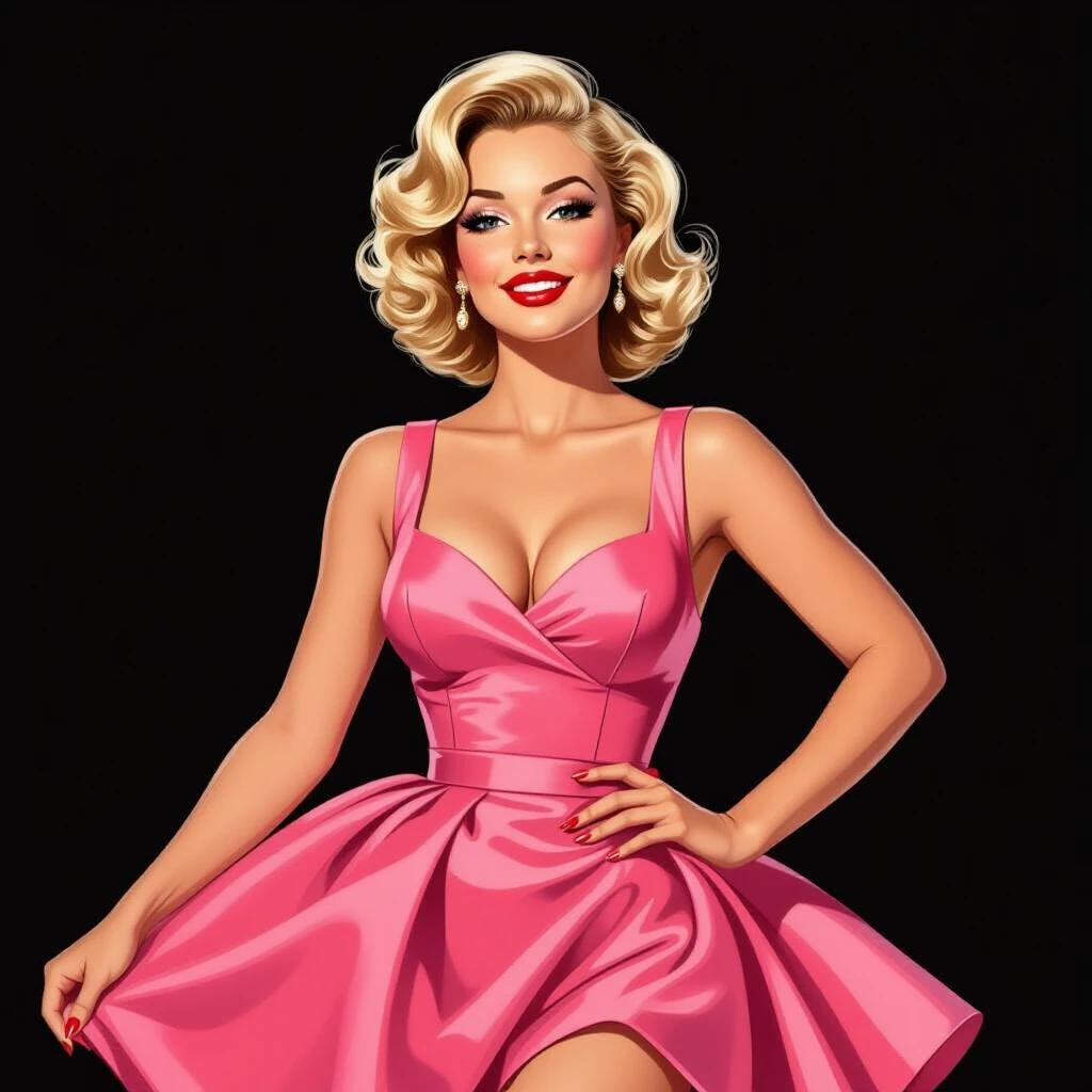 A pin-up girl in a pink dress stands confidently against a black background. The model features blonde curly hair and a fashionable pose. The dress accentuates her figure.