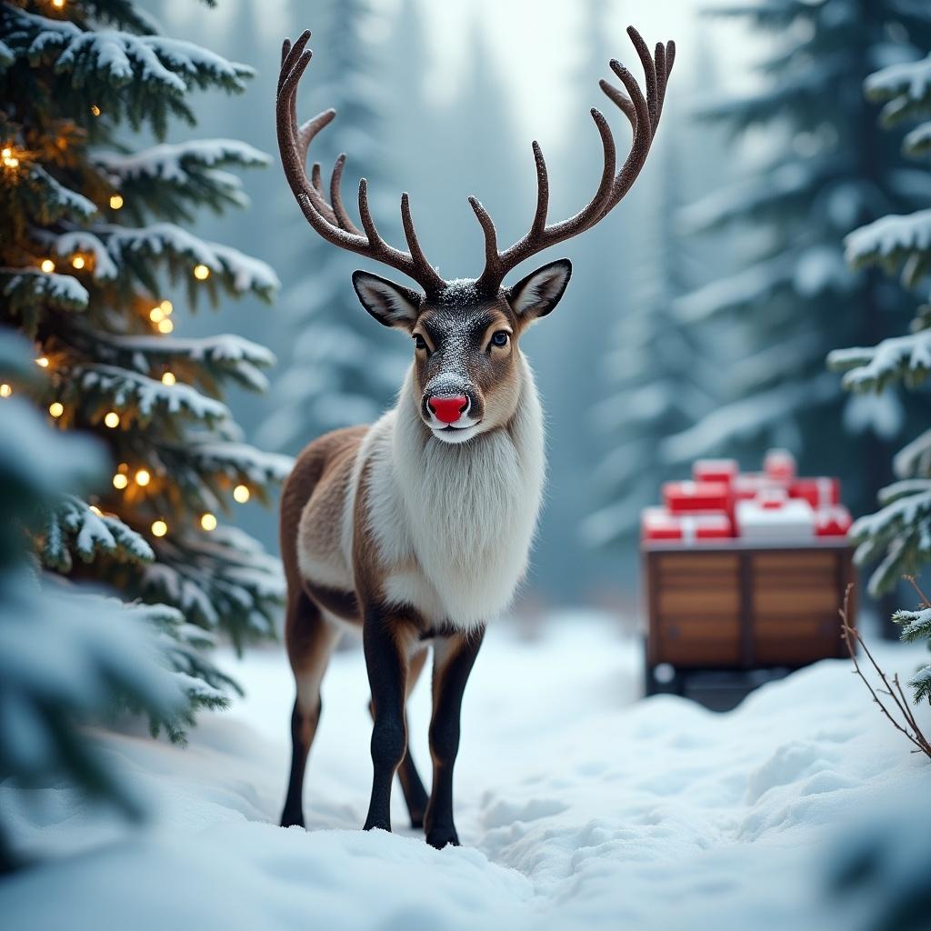 A realistic image of a Christmas reindeer standing in a snowy forest. The reindeer has antlers and a red nose. Snow-covered trees with holiday lights and a cart of gifts in the background.