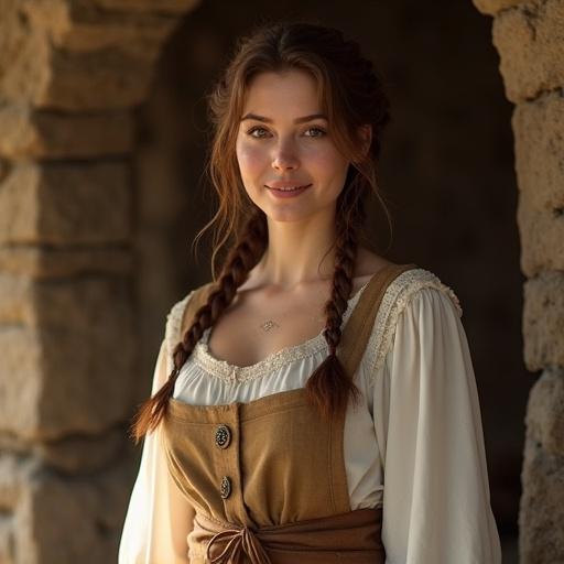 A woman in a medieval fantasy setting. She has a curvy figure with a large bust and slim waist. Skin is porcelain-like with a soft glow. Hair is chestnut brown in a braid. Eyes are gentle brown. Clothing is a modest medieval-style dress in earthy tones. Scene is a rustic stone cottage with warm light. Facial expression is calm with a slight smile. The atmosphere is serene and emotionally rich.
