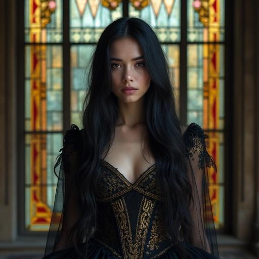Young woman stands before stained glass window. Long black hair flows down. Elegant dress with intricate details reflects historical or fantasy theme. Expression is serene, yet mysterious.