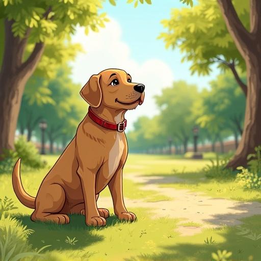 Illustration of a cute labrador standing in a park on a sunny afternoon. Rough texture and hatching shadows used in the style. Bright colors and cheerful atmosphere.