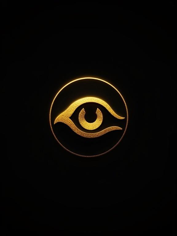 A circular logo symbol in golden yellow depicting a fantasy hawk eye. Design features clean lines with a black background.