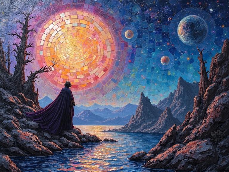 Masterpiece of a 3D iridescent ceramic tile and glass mosaic. Ethereal abstract imagery. Encaustic flashy mixed media style. Inspiring cosmic landscape featuring planets and a glowing sun.