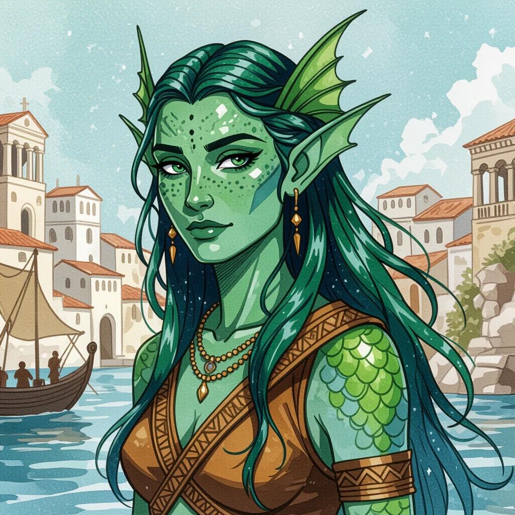 Illustration of a Triton fish-person female. Features sharp finned ears. Green-blue scaled skin is visible. Background is an Ancient-Grecian-Fantasy port city. She wears clothing inspired by Ancient Greece. Magic is wielded with black stone casting constellations. Long green-blue hair is styled back. Scene conveys a connection with the stars.