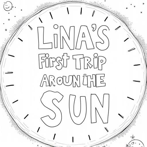 Create a coloring page featuring the text Lina's First Trip Around the Sun. The design should be playful and engaging for children. Include illustrations around the text that relate to the theme of the sun and celebration.