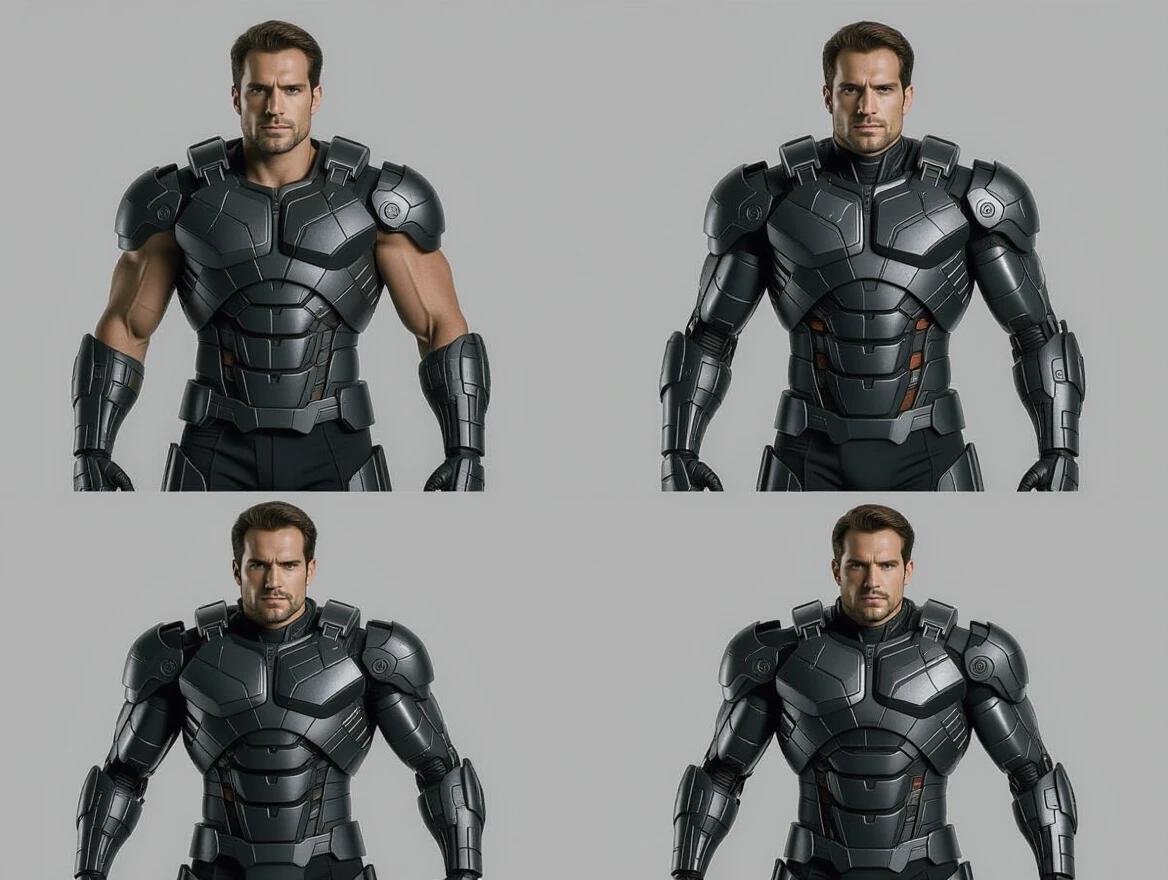 Four images showcasing a man's transformation into a cyborg characterized by massive muscles and advanced armor. Each stage illustrates progression towards robotic features. The design emphasizes strength and futuristic elements. The focus remains on the armored body and musculature.